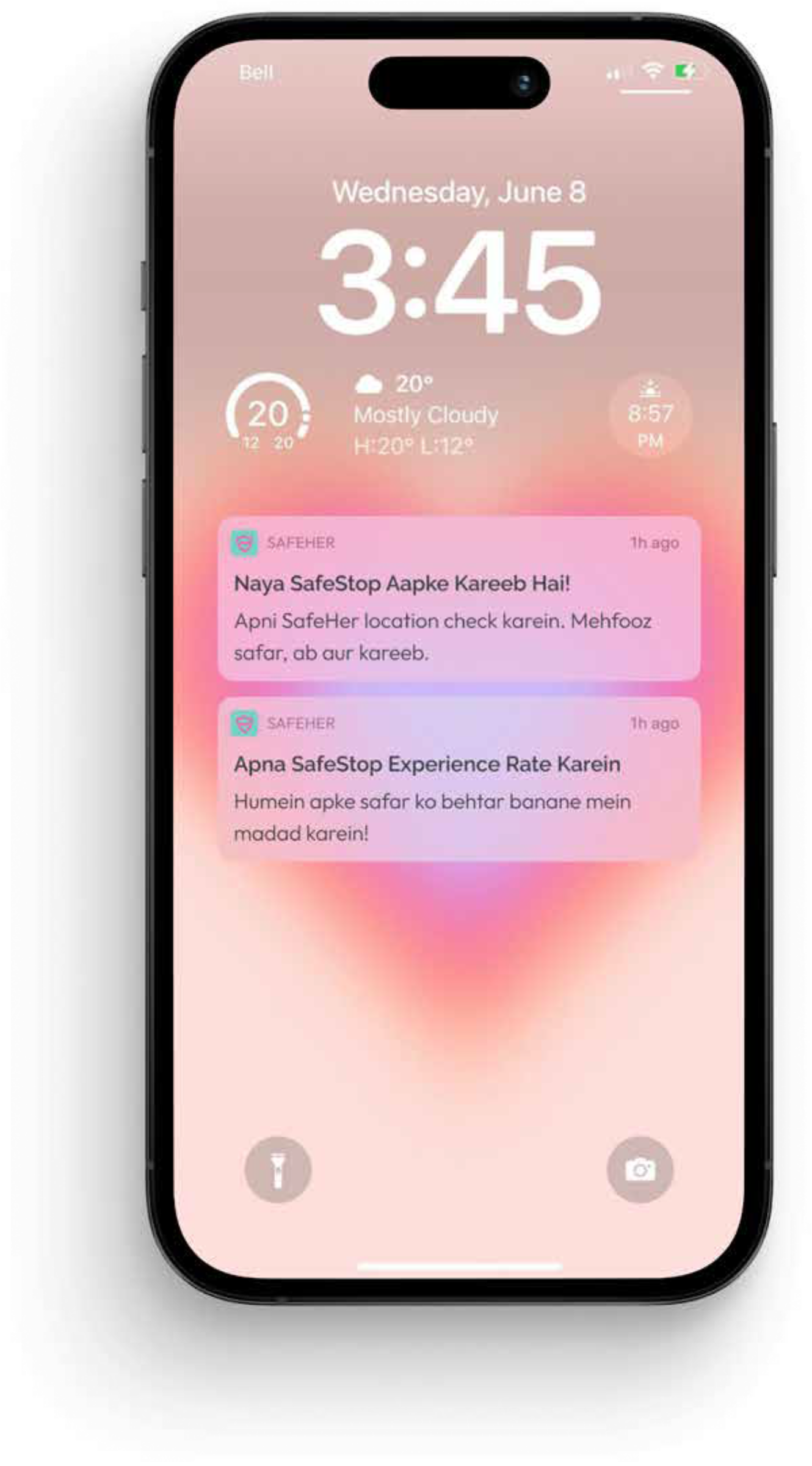 SafeHer app prototype — a lock screen with SafeHer updates confirming a nearby SafeStop and prompting a check-in while waiting.