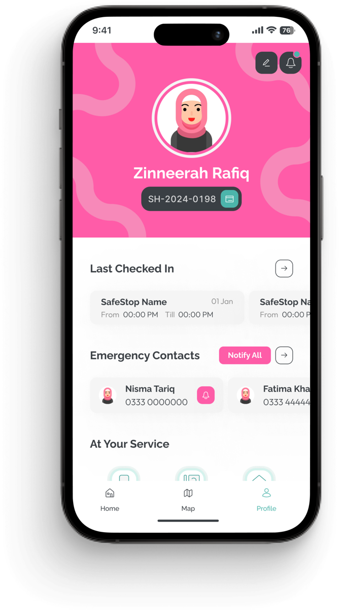 SafeHer app prototype — a profile screen with the member card, last check-in, emergency contacts and support options.
