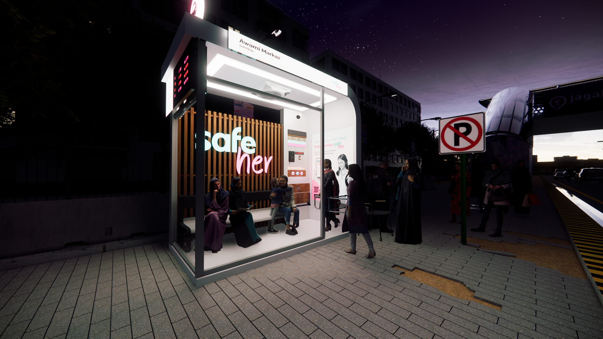 Concept render of a SafeStop lit at night, its transparent walls letting women seated inside stay visible and aware of the street.