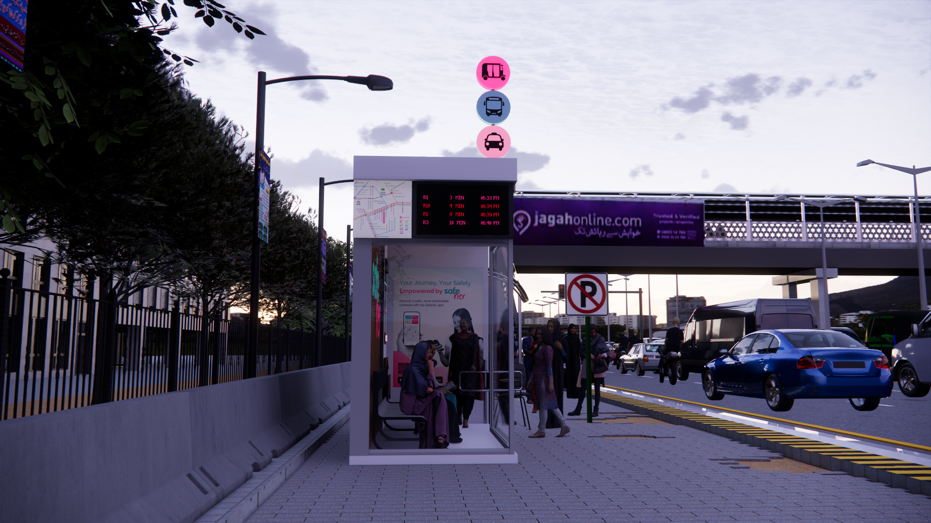 SafeHer SafeStop with overhead pink ride-signal lights, jagahonline.com transit hub in background